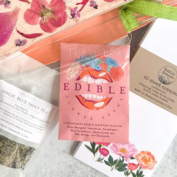 Add-Ons (Garden Mama Gift Collection): floral notecard, floral notepad, serving platter, serving utensils, cocktail napkins, lavender sugar cubes, & flower seeds.