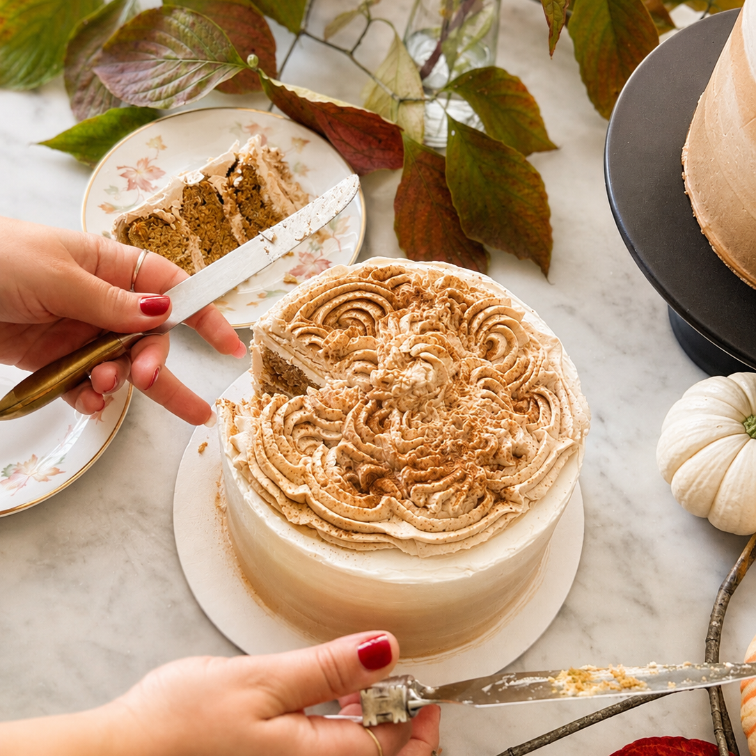 A decorated pumpkin spice cake with piped swirls of frosting sits on a white plate on a marble table, with hands slicing a piece with a knife. The scene is styled with autumn leaves, a pink flower in a vase, a small pumpkin, and another cake on a stand in the background.