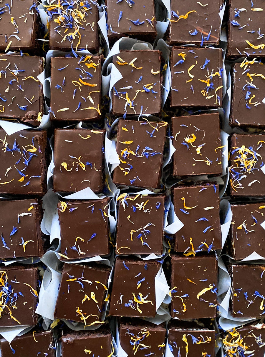 Top-down view of several square chocolate cake slices, each wrapped in parchment paper.