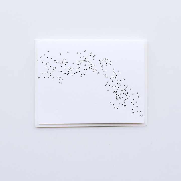 A white card depicting a "murmuration," or a flock or starlings making a synchronized pattern whilst in flight. The card comes with a white envelope.