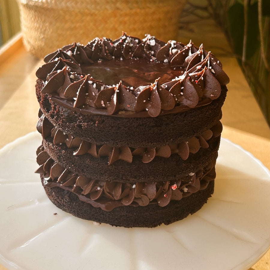 A chocolate cake with exposed layers of cake and chocolate ganache rosettes.