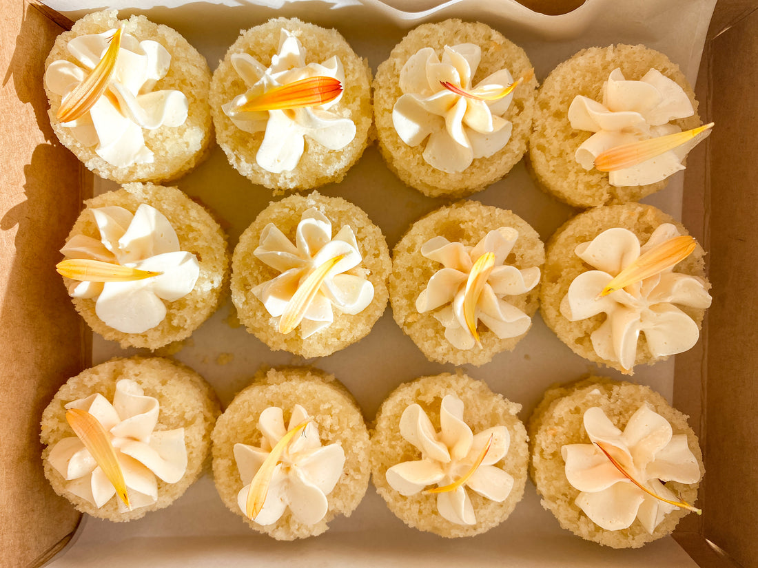 A gift box of bite-sized cakes.